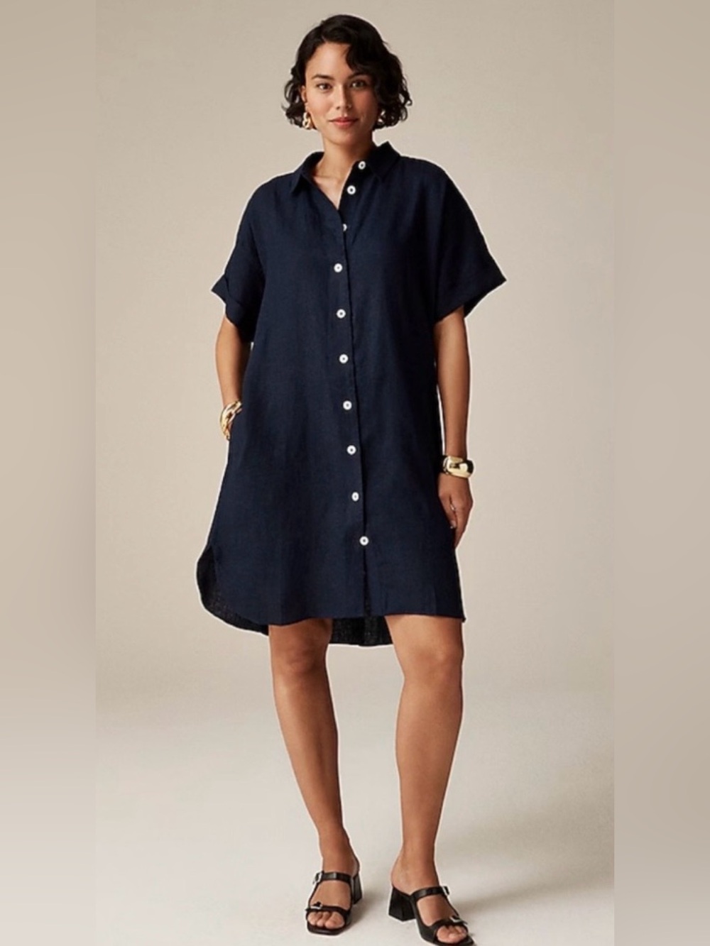 J.Crew 100% Linen Shirt Dress Roll Sleeve Navy Blue Coastal Boho Lagenlook M